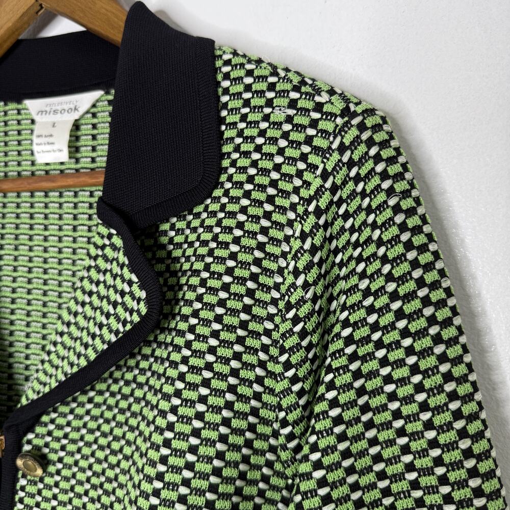 Misook Jacket Green Textured Black Knit Zip Front Collared Sweater Large Womens